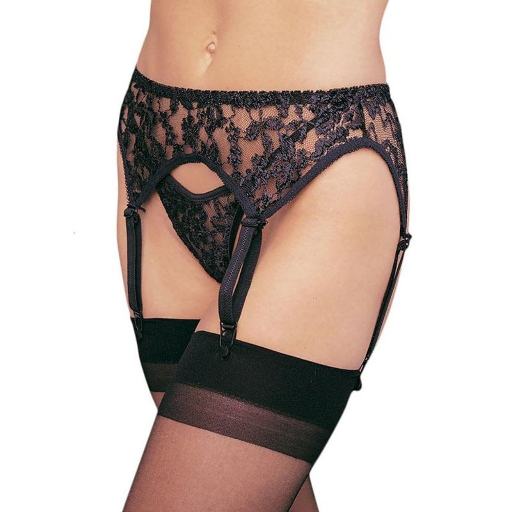 Floral Laced Garter with Thong in Black Queen Sized